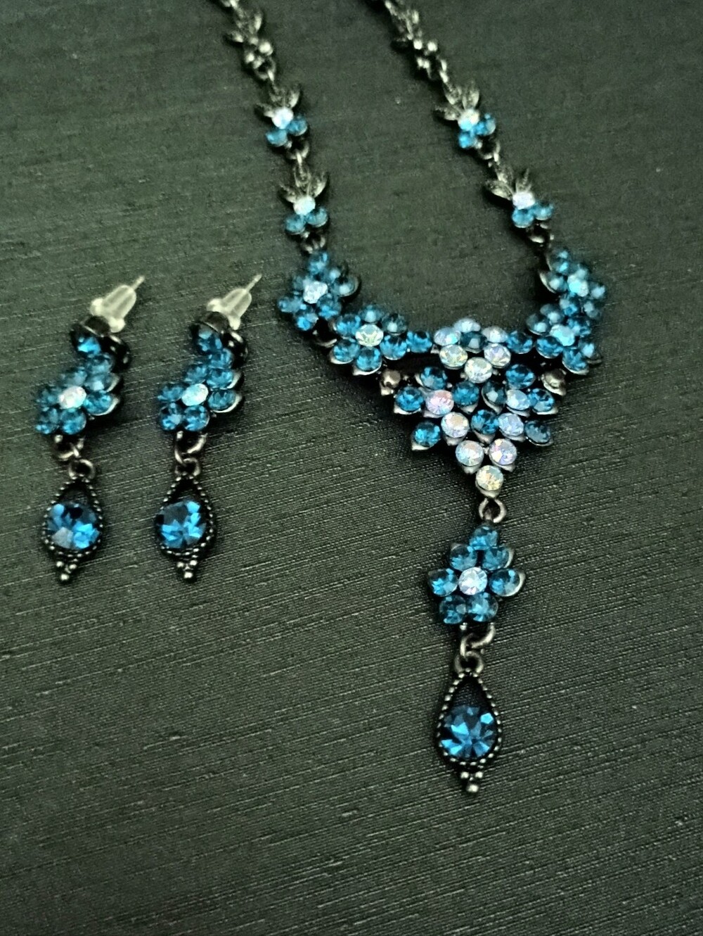 Blue Crystal Floral Necklace and Earrings Set
